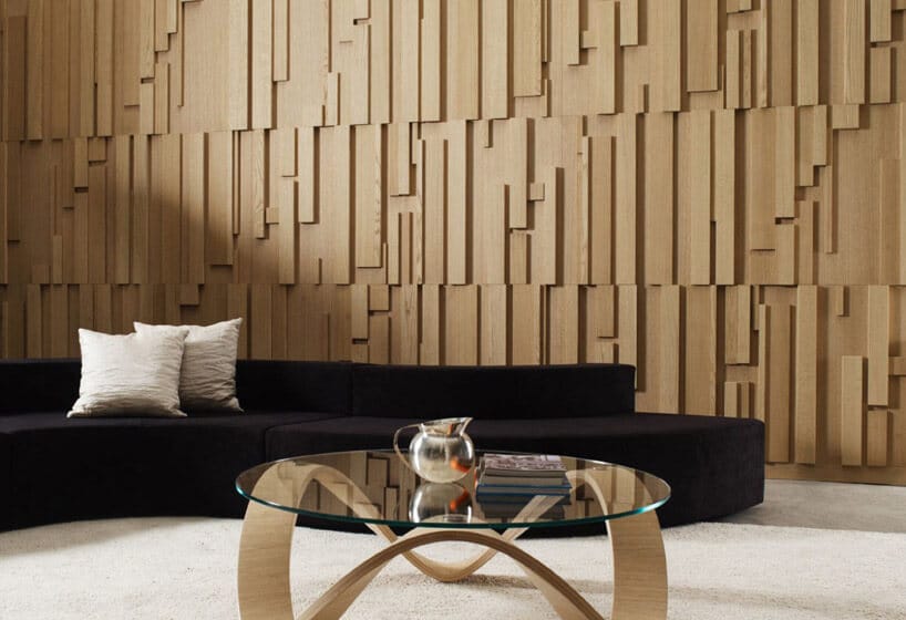 salon z ścianami z drewna w nowoczesnym wzorze