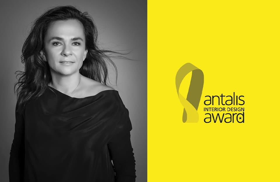czarno białe zdjęcie Magdaleny Federowicz-Boule obok logotypu Antalis Interior Design Award