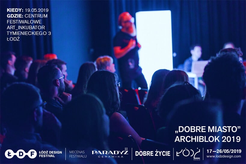 ciemnoniebieski plakat ARCHIBLOK 2019 w ramach Łódź Design Festival 2019