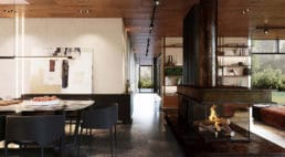 nowoczesne wnętrze domu do relaksu z ciepłymi brązami i zielonymi akcentami