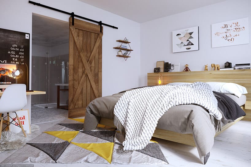 aranżacja sypialni z dużym łóżkiem oraz kolorowym dywanem