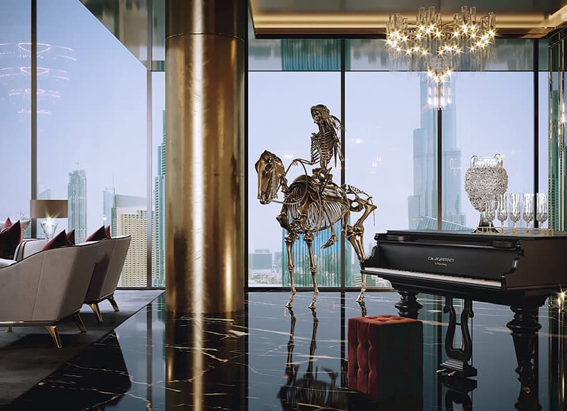 luksusowe wnętrze apartamentu w Dubaju od Covet House złoty szkielet człowieka na koniu obok złotego filaru na tle panoramy miasta