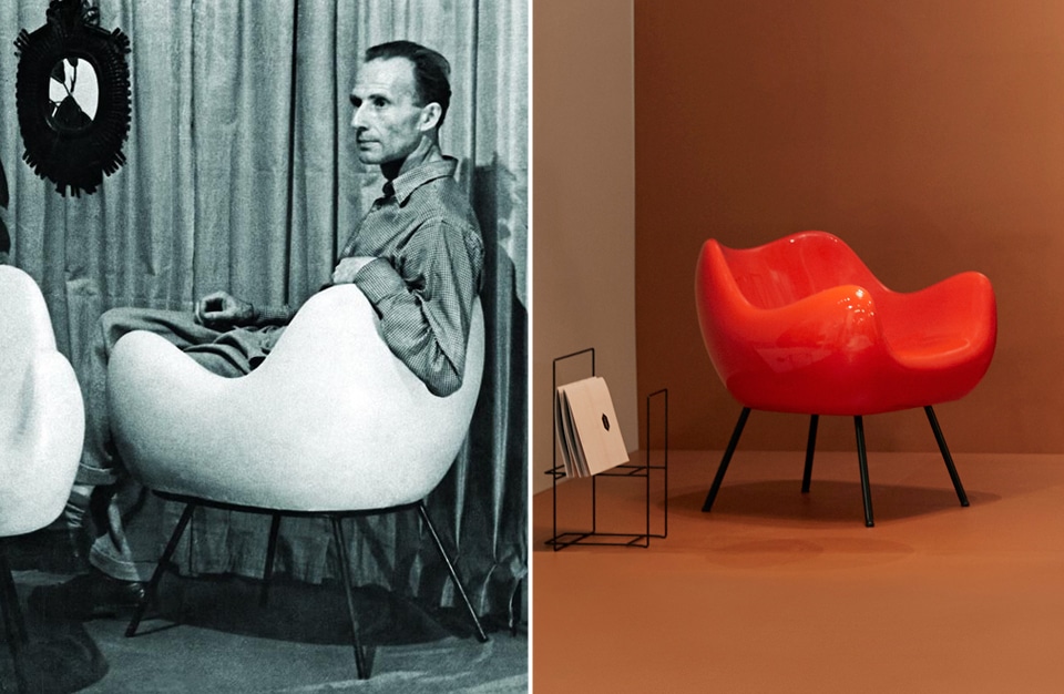 zestawienie zdjęcia Romana Modzelewskiego na fotelu RM58 obok czerwonego fotela w nowej aranżacji