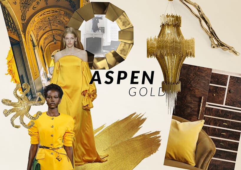 kobiety ubrane w żółte stroje pośród żółtych mebli z napisem Aspen Gold