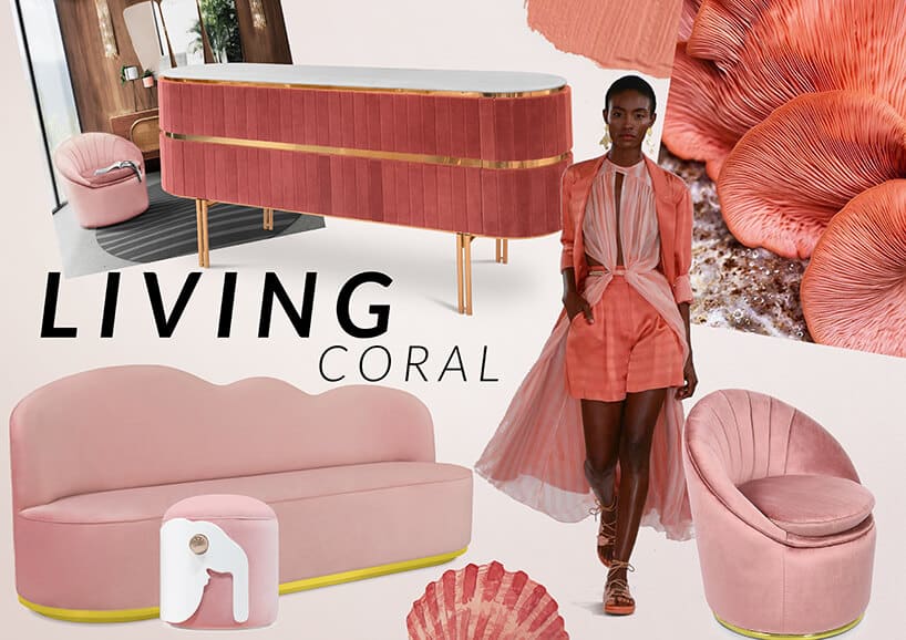 kobieta w różowym stroju pośród mebli w kolorze koralowym z napisem Living Coral