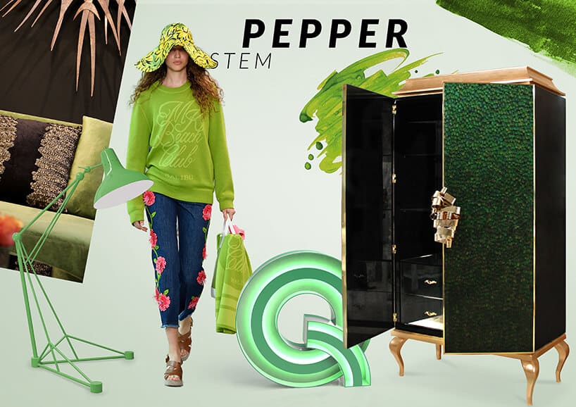 kobieta w zielonym stroju pośród zielonych mebli z napisem Pepper Stem