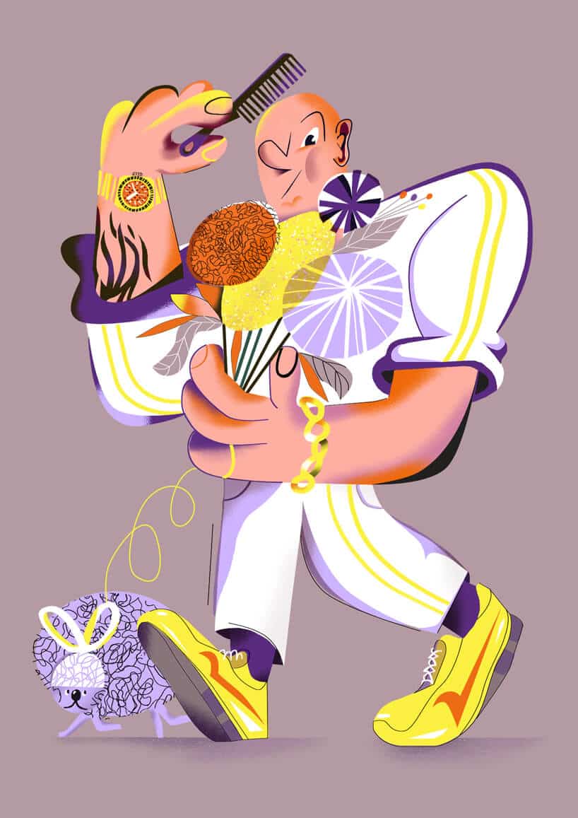 ilustracja mężczyzny w białym stroju z fioletowym pupilem czeszący łysą głowę Skokobryki