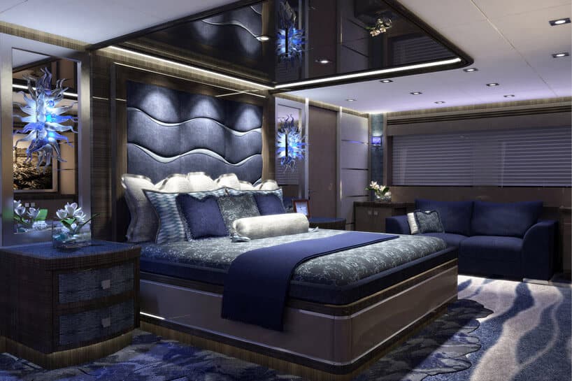 luksusowa sypialnia z dużym łożem i morskimi elementami