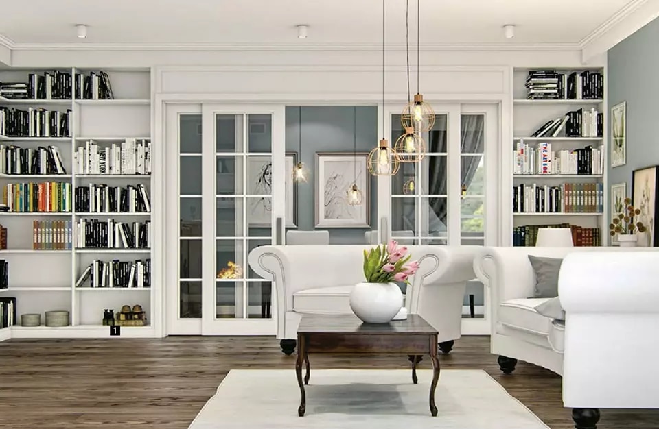biały salon z ciemną drewnianą podłogą z białą sofą i fotelem