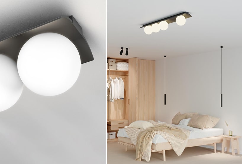 wyjątkowe oświetlenie Modern Ball na suficie jasnej przestronnej sypialni