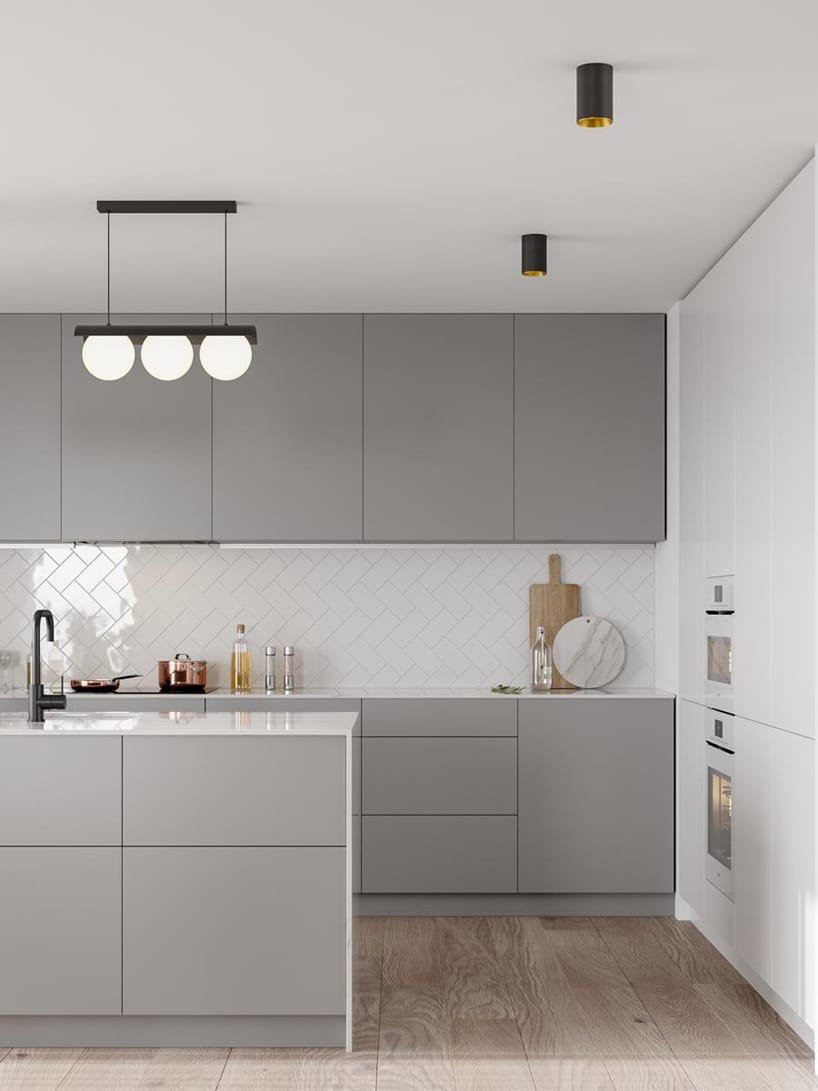 wyjątkowe oświetlenie Modern Ball pod sufitem w biało szarej nowoczesnej kuchni