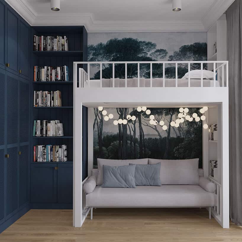 piętrowe białe łóżko z kanapą na dole w pokoju z ciemno niebieskimi ścianami