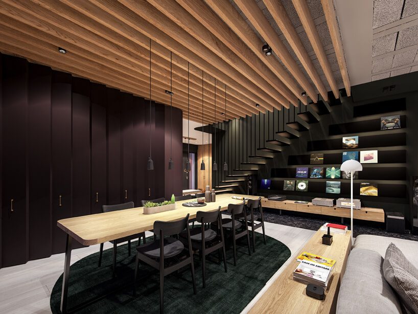 projekt nowoczesnego wnętrza domu od Zarysy jadalnia z czarnymi krzesłami i dużym stołem z drewnianym blatem