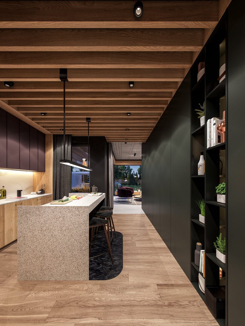 projekt nowoczesnego wnętrza domu od Zarysy drewniana kuchnia z małą kamienną wyspą pod drewnianym sufitem z belek