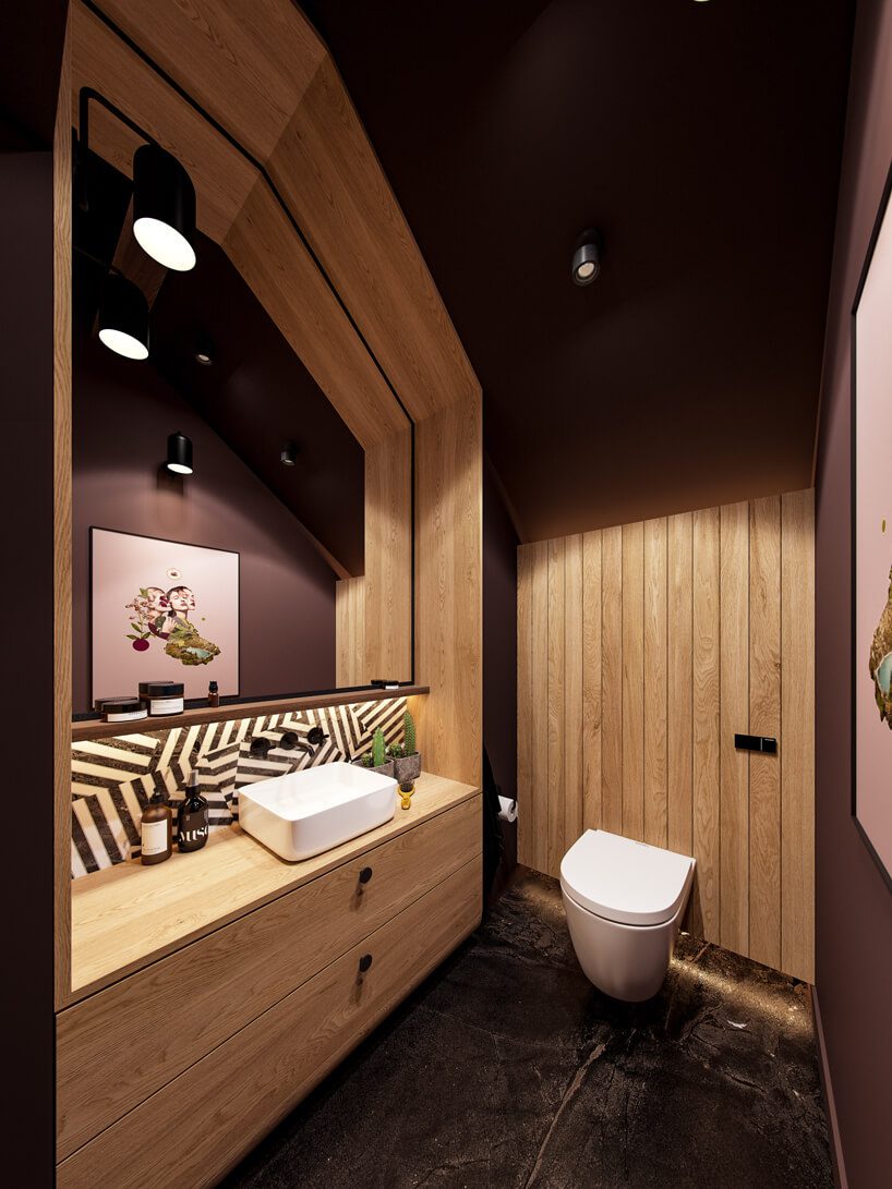 projekt nowoczesnego wnętrza domu od Zarysy łazienka z jasną drewnianą zabudową z brązowymi ścianami i czarną kamienną podłogą