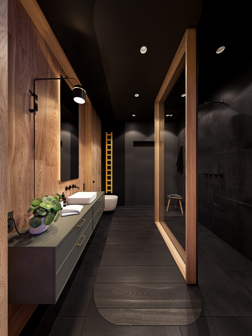 projekt nowoczesnego wnętrza domu od Zarysy małą czarna łazienka z jedną ścianą wykończoną jasnym drewnem