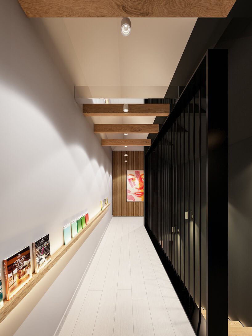 projekt nowoczesnego wnętrza domu od Zarysy biały korytarz na piętrze z czarną ścianką przy schodach