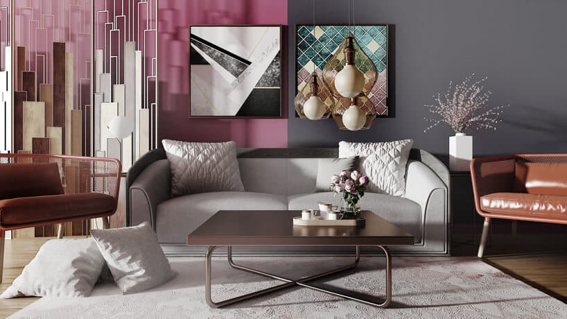 salon z podzieloną dwu kolorową ścianą różówą i szarą jako tło dla jasno szarej sofy za brązowy niskim stolikiem