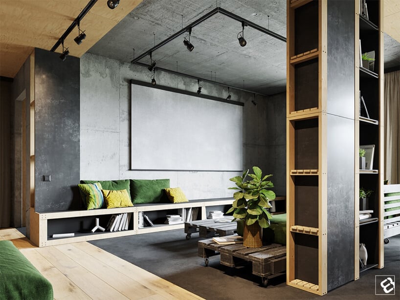 szare betonowe wnętrze salony na ścianach i suficie wykończone drewnianymi surowymi elementami